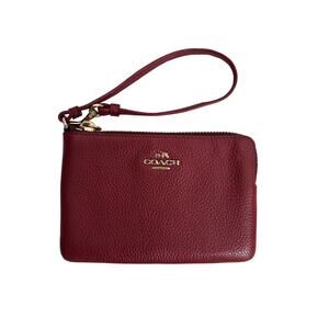 Coach Wristlet Red Black Cherry Burgundy Corner Zip Polished Pebble Leather